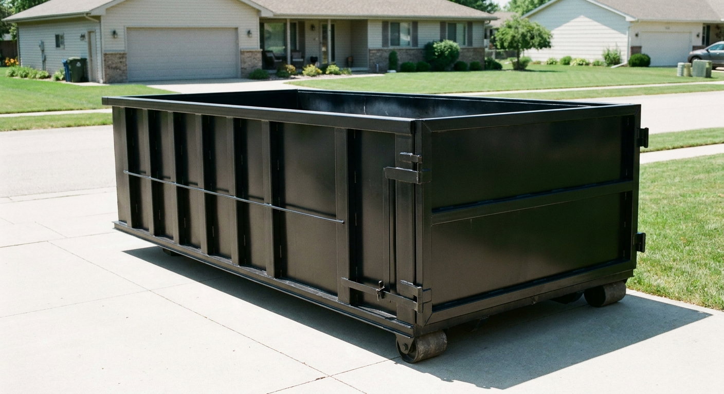 Matte-black 10-yard roll-off dumpster on a residential concrete driveway in Magnolia, uniformly painted matte black across every panel and rail, ribbed steel sidewalls and rear swing door visible, mid-day daylight.