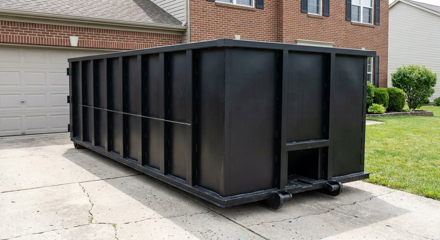 Matte-black 20-yard roll-off container on a Magnolia residential concrete driveway with reinforced ribbed steel sidewalls and a hinged rear walk-in door, clean bright daylight.