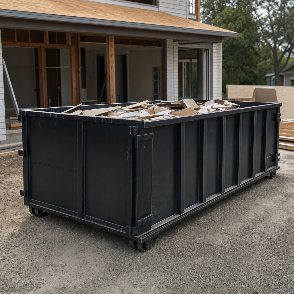 Large matte-black 30-yard construction roll-off dumpster at an active Magnolia jobsite, steel-gray top rails and bottom rollers visible, loaded with construction debris.