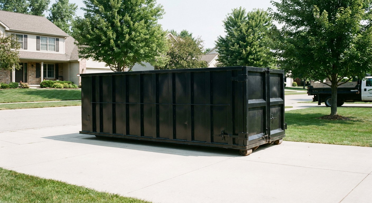 Matte-black 20-yard roll-off dumpster sitting level on a clean Magnolia residential concrete driveway under bright daylight, demonstrating clean placement directly on the concrete.