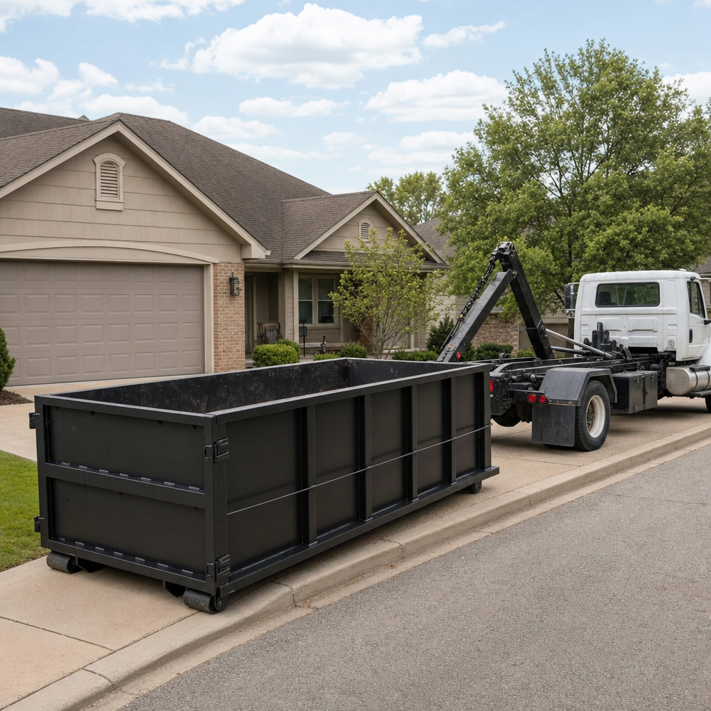 Wide documentary shot of a matte-black roll-off dumpster on a Magnolia residential driveway in the foreground and a contractor jobsite container in the soft-focus background, bright daylight, calm and orderly composition.