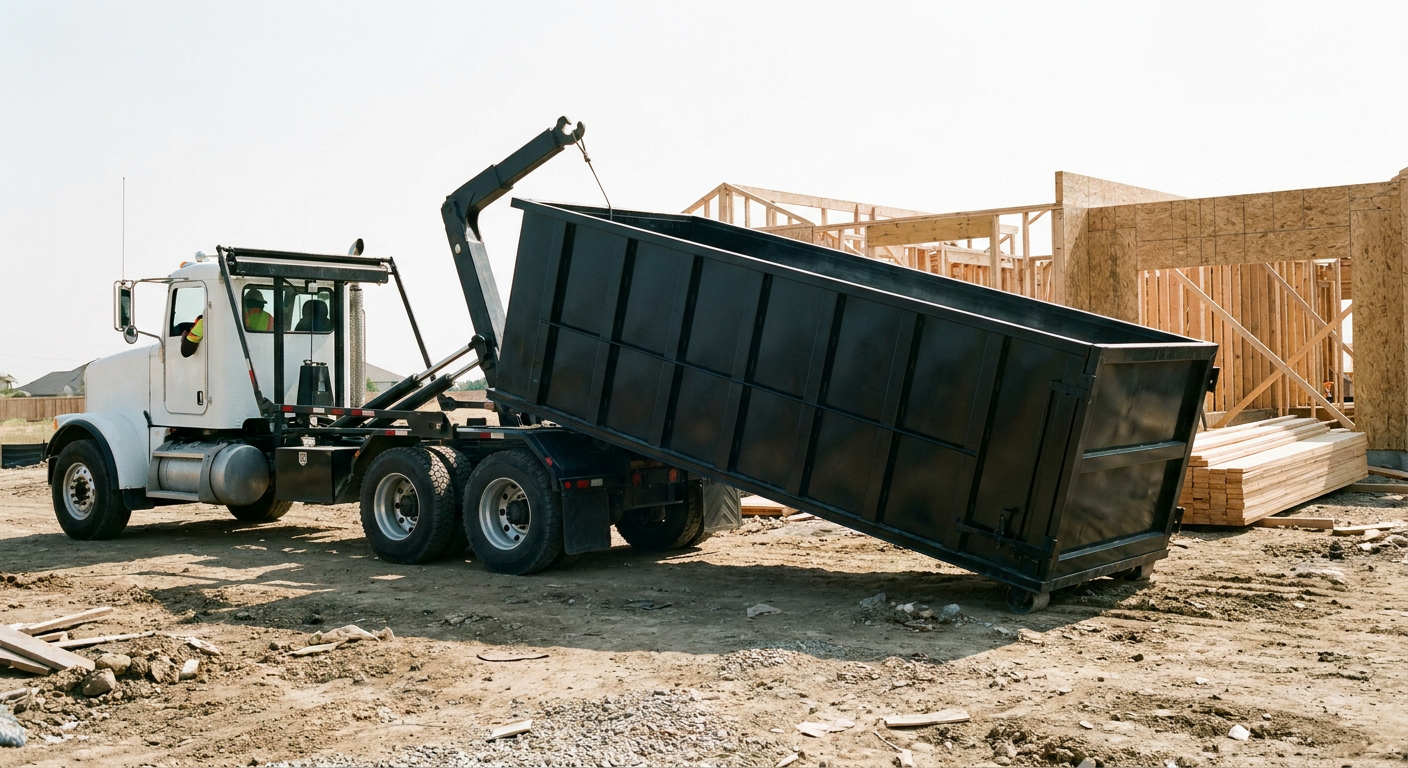 Matte-black roll-off dumpster being delivered onto a clean residential concrete driveway in Magnolia by an unmarked white hooklift hauler truck, bright morning daylight, documentary 35mm perspective.